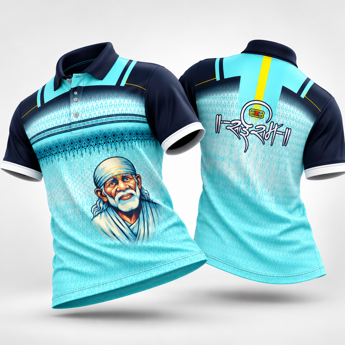 Sai Baba Polo Jersey – Aqua Blue & Navy Sublimation Print (Sai Ram)