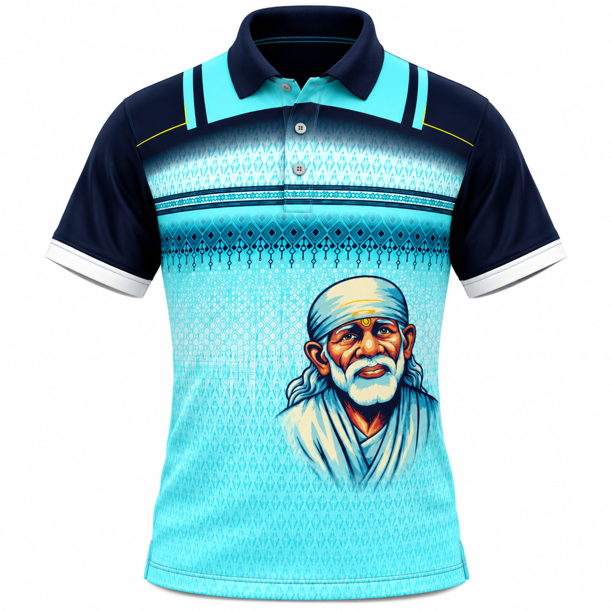 Sai Baba Polo Jersey – Aqua Blue & Navy Sublimation Print (Sai Ram)