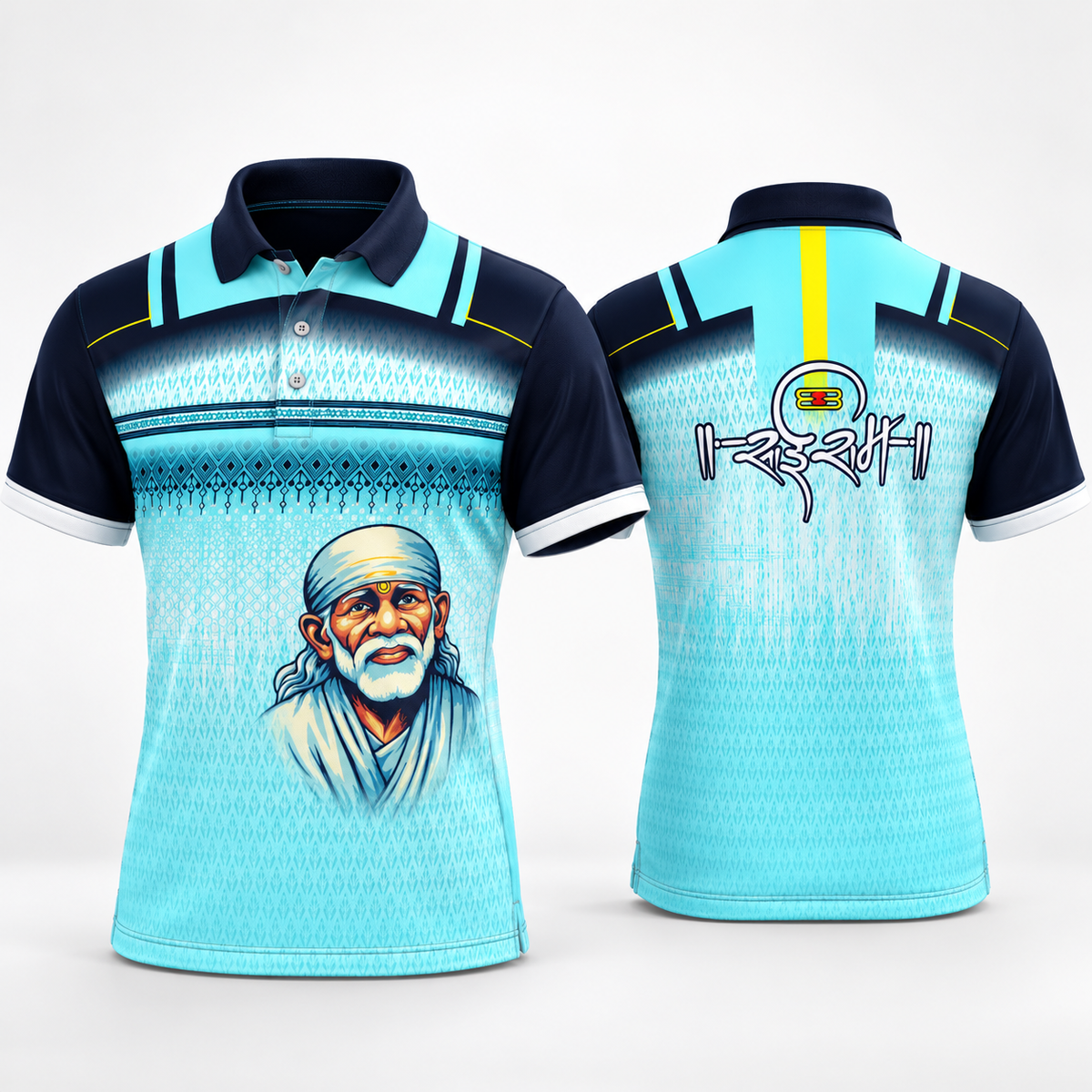 Sai Baba Polo Jersey – Aqua Blue & Navy Sublimation Print (Sai Ram)
