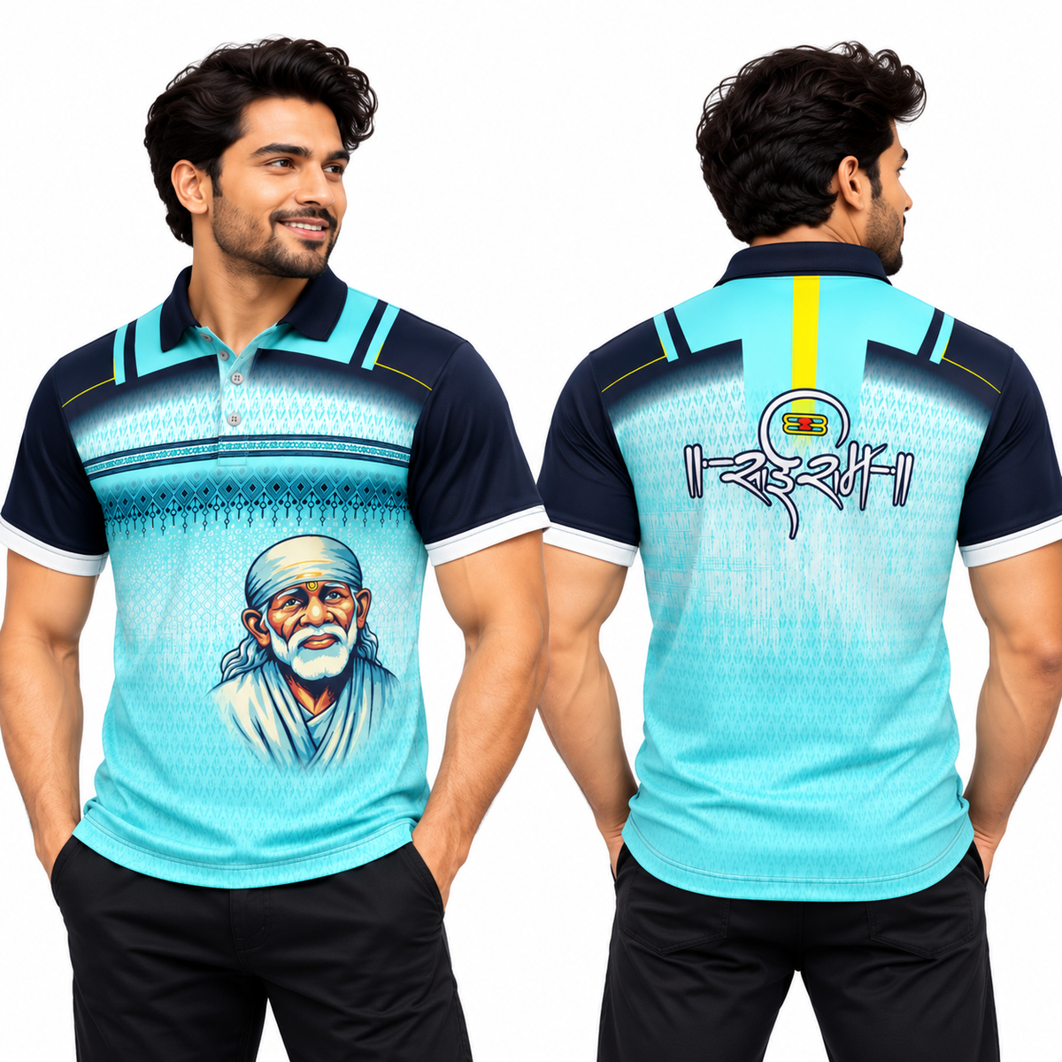 Sai Baba Polo Jersey – Aqua Blue & Navy Sublimation Print (Sai Ram)