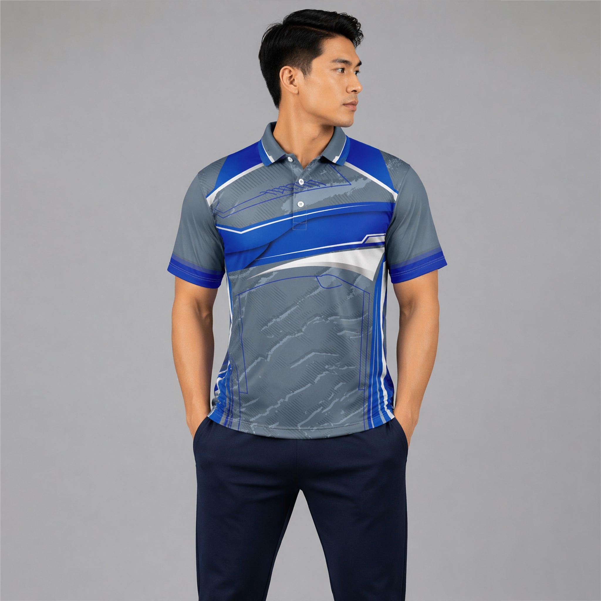 NEXFIT Grey Blue Sports Polo T-Shirt NEX-9058 Dry Fit Polyester Cricket Jersey for Men Premium Minimal Design Athletic Wear