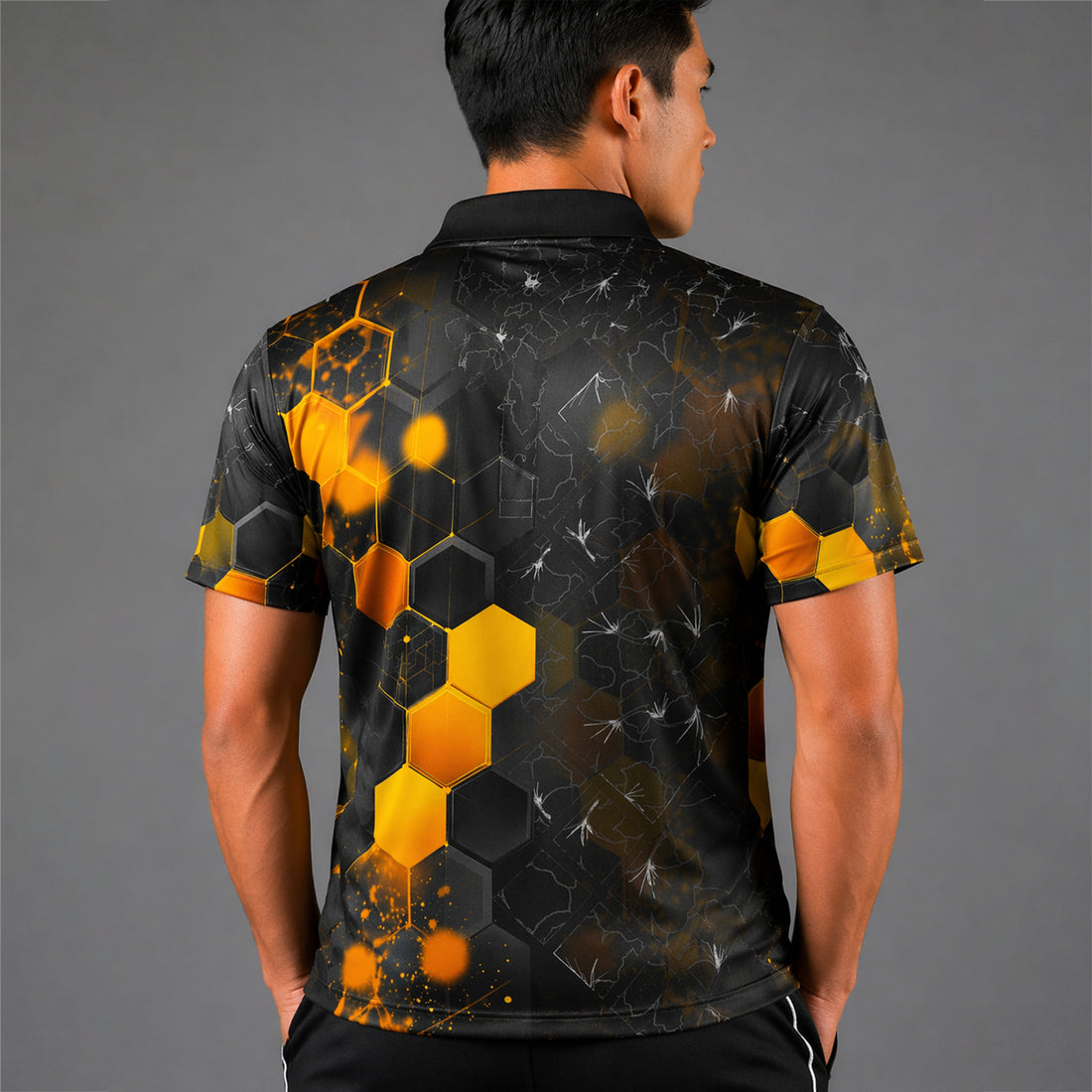 NEXFIT Black Yellow Sports Jersey NEX-9050 Premium Hexagon Tech Design Dry Fit Polyester Polo T-Shirt for Men