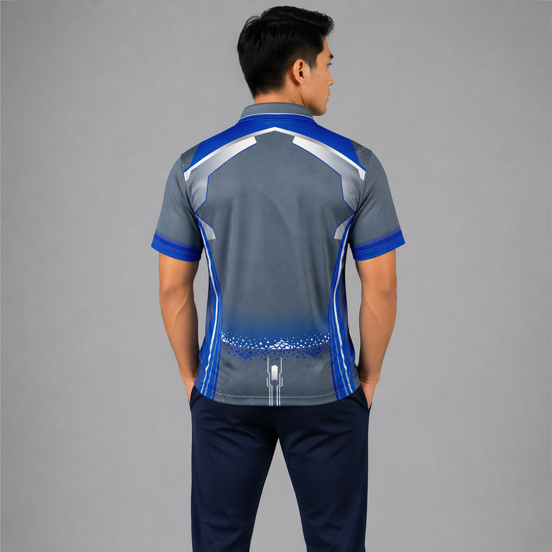 NEXFIT Grey Blue Sports Polo T-Shirt NEX-9058 Dry Fit Polyester Cricket Jersey for Men Premium Minimal Design Athletic Wear