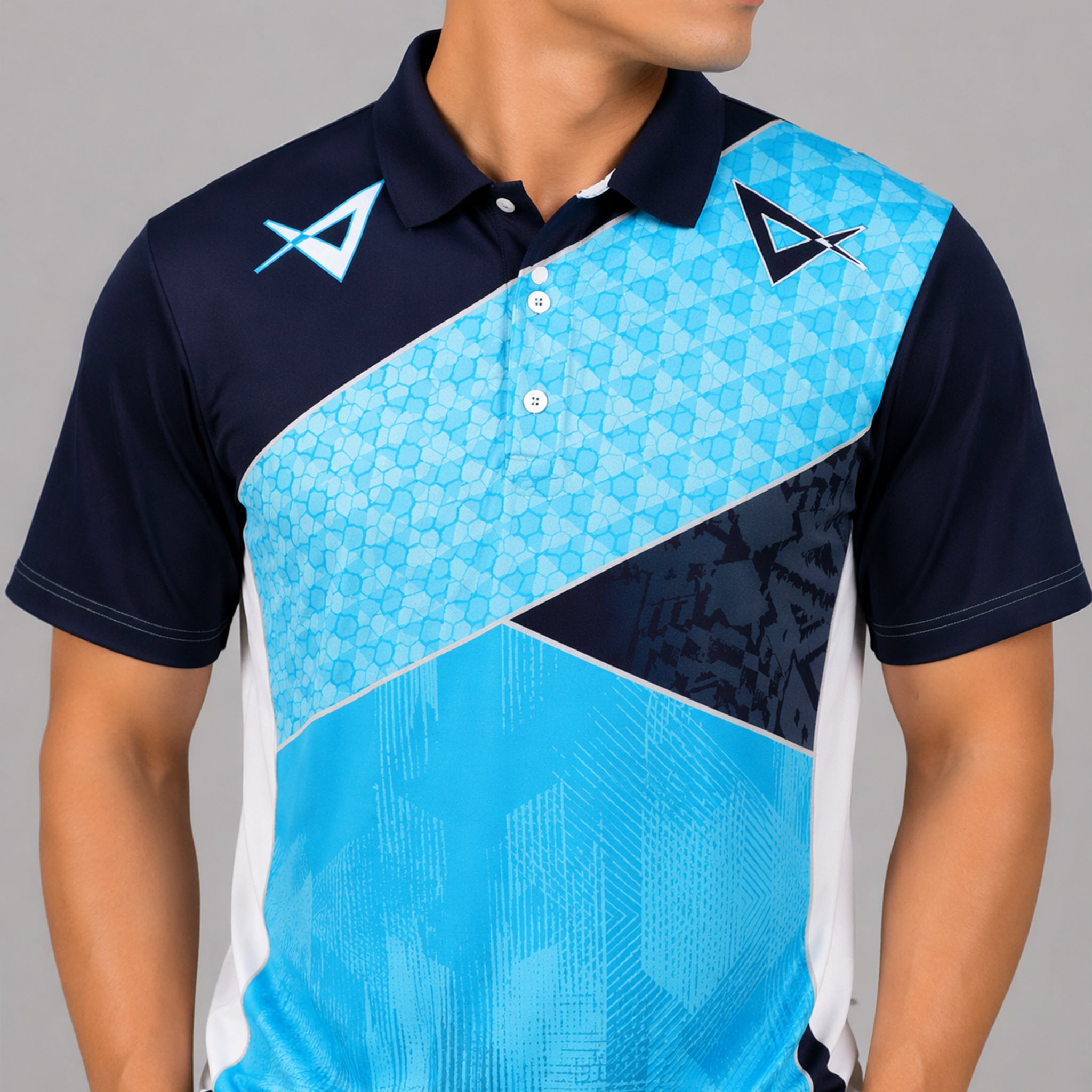 NEXFIT Navy Blue Cyan Sports Polo T-Shirt NEX-9059 Dry Fit Polyester Cricket Jersey for Men Premium Geometric Design Athletic Wear - View 3