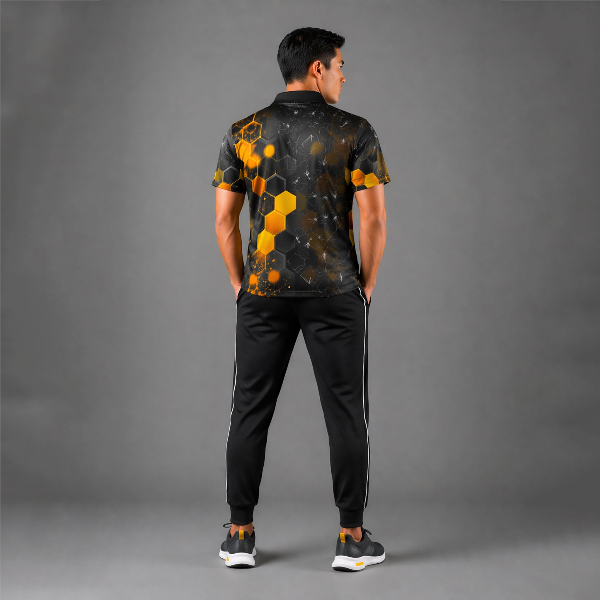 NEXFIT Black Yellow Sports Jersey NEX-9050 Premium Hexagon Tech Design Dry Fit Polyester Polo T-Shirt for Men - View 3