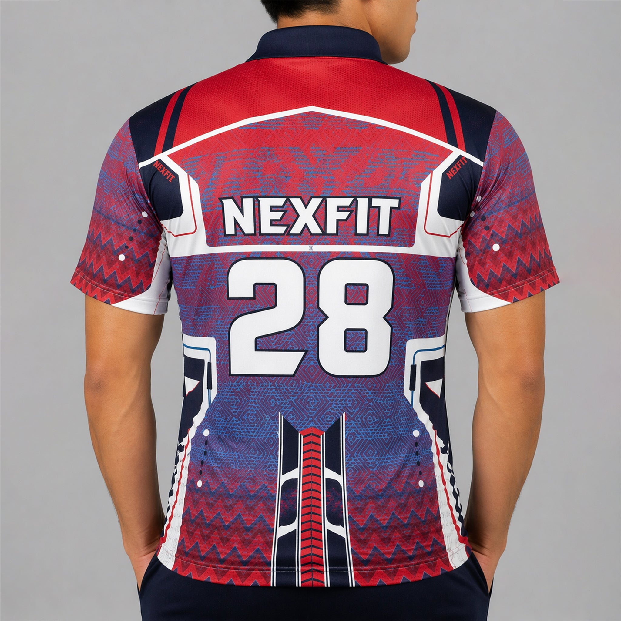 NEXFIT Red Navy Sports Jersey NEX-9053 Premium Geometric Pattern Dry Fit Polyester Polo T-Shirt for Men - View 3