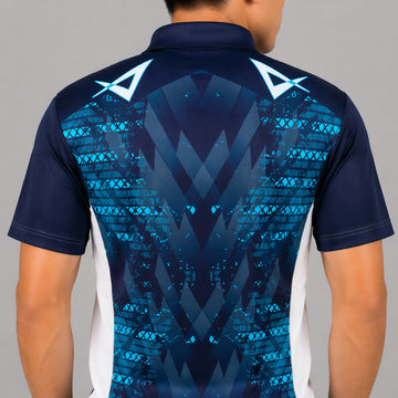NEXFIT Navy Blue Cyan Sports Polo T-Shirt NEX-9059 Dry Fit Polyester Cricket Jersey for Men Premium Geometric Design Athletic Wear