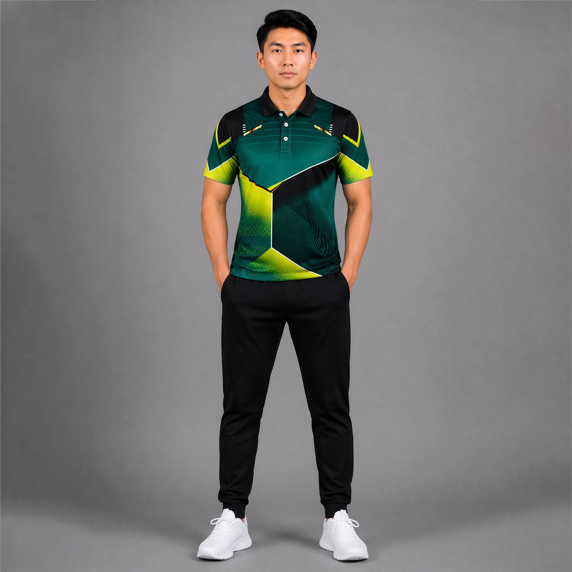 NEXFIT Green Black Sports Jersey NEX-9055 Premium Geometric Panel Design Dry Fit Polyester Polo T-Shirt for Men