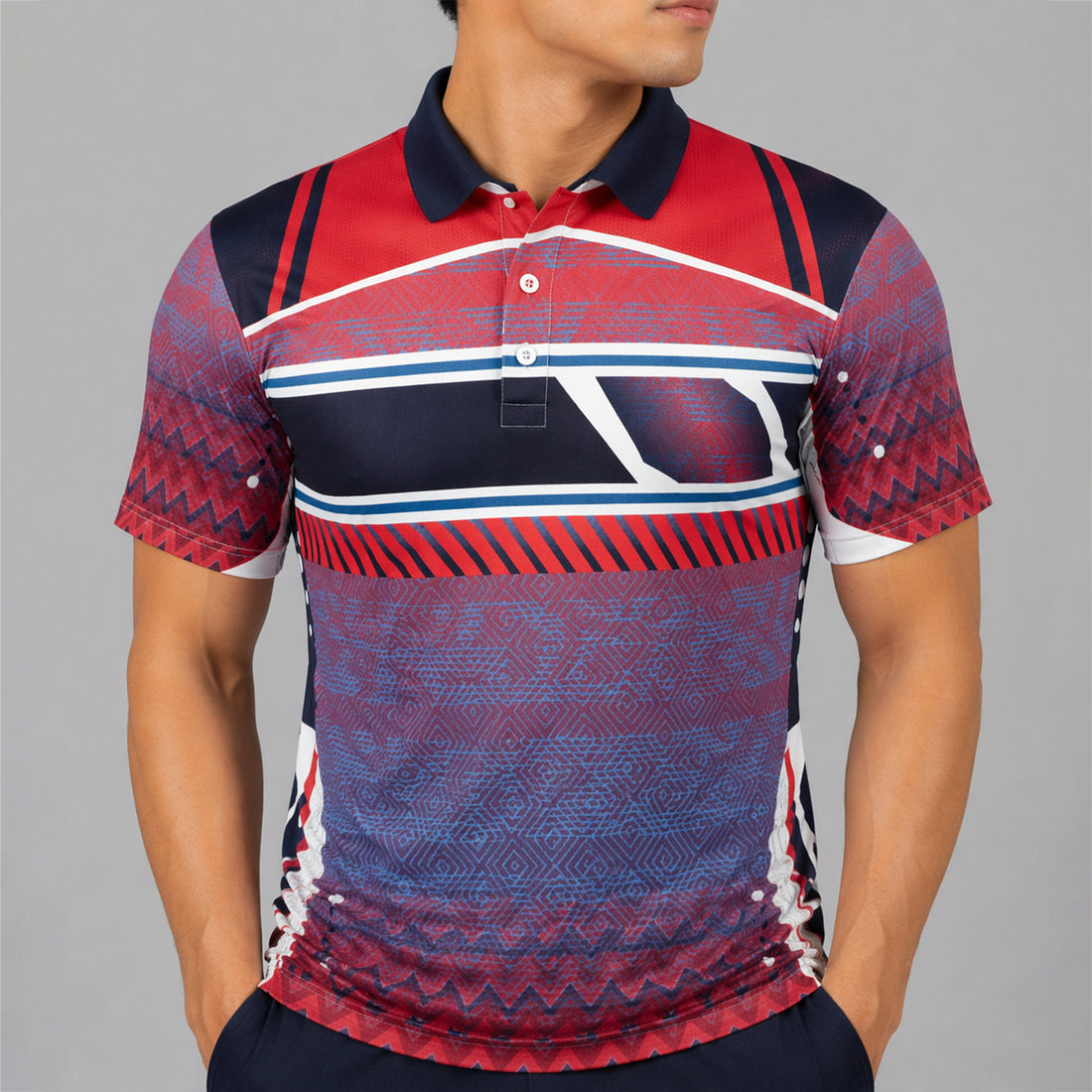 NEXFIT Red Navy Sports Jersey NEX-9053 Premium Geometric Pattern Dry Fit Polyester Polo T-Shirt for Men