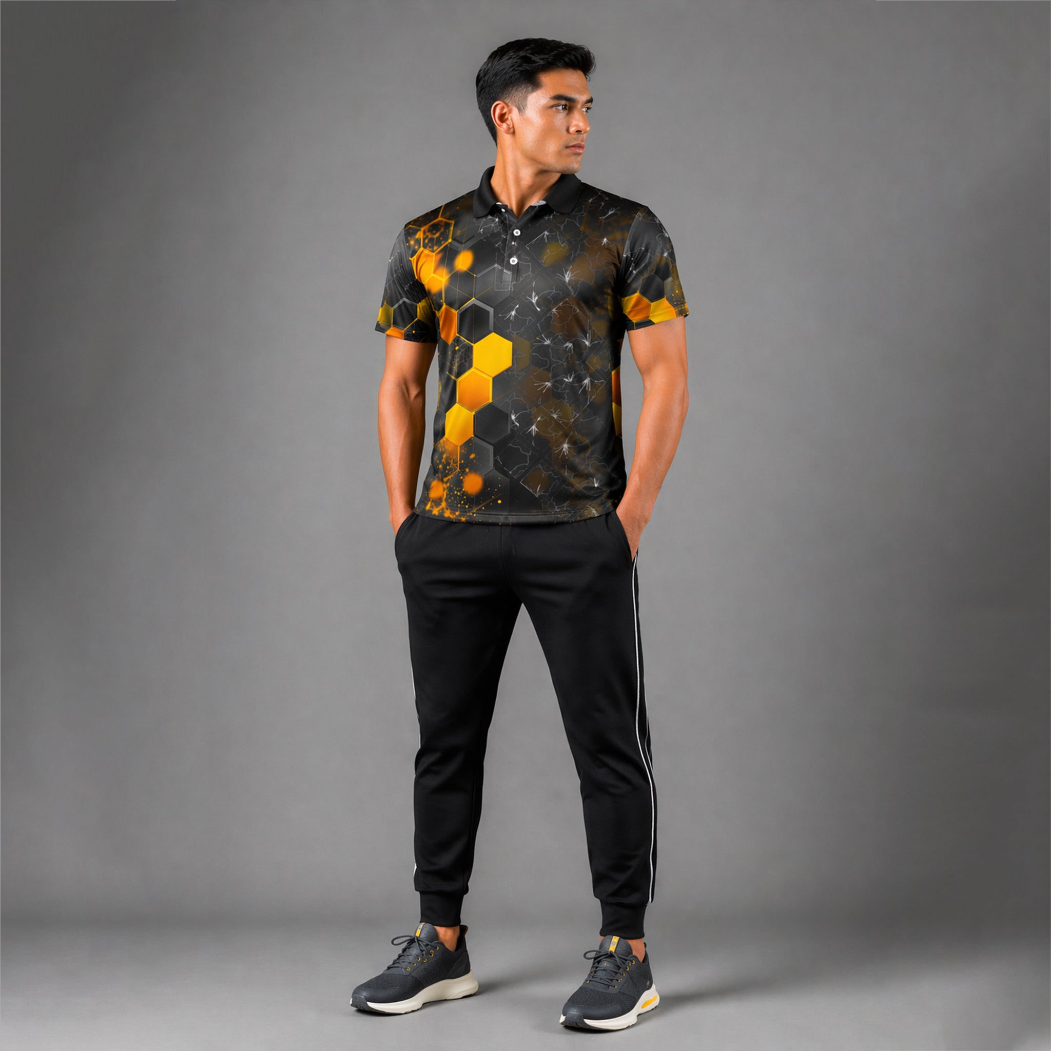 NEXFIT Black Yellow Sports Jersey NEX-9050 Premium Hexagon Tech Design Dry Fit Polyester Polo T-Shirt for Men - View 4
