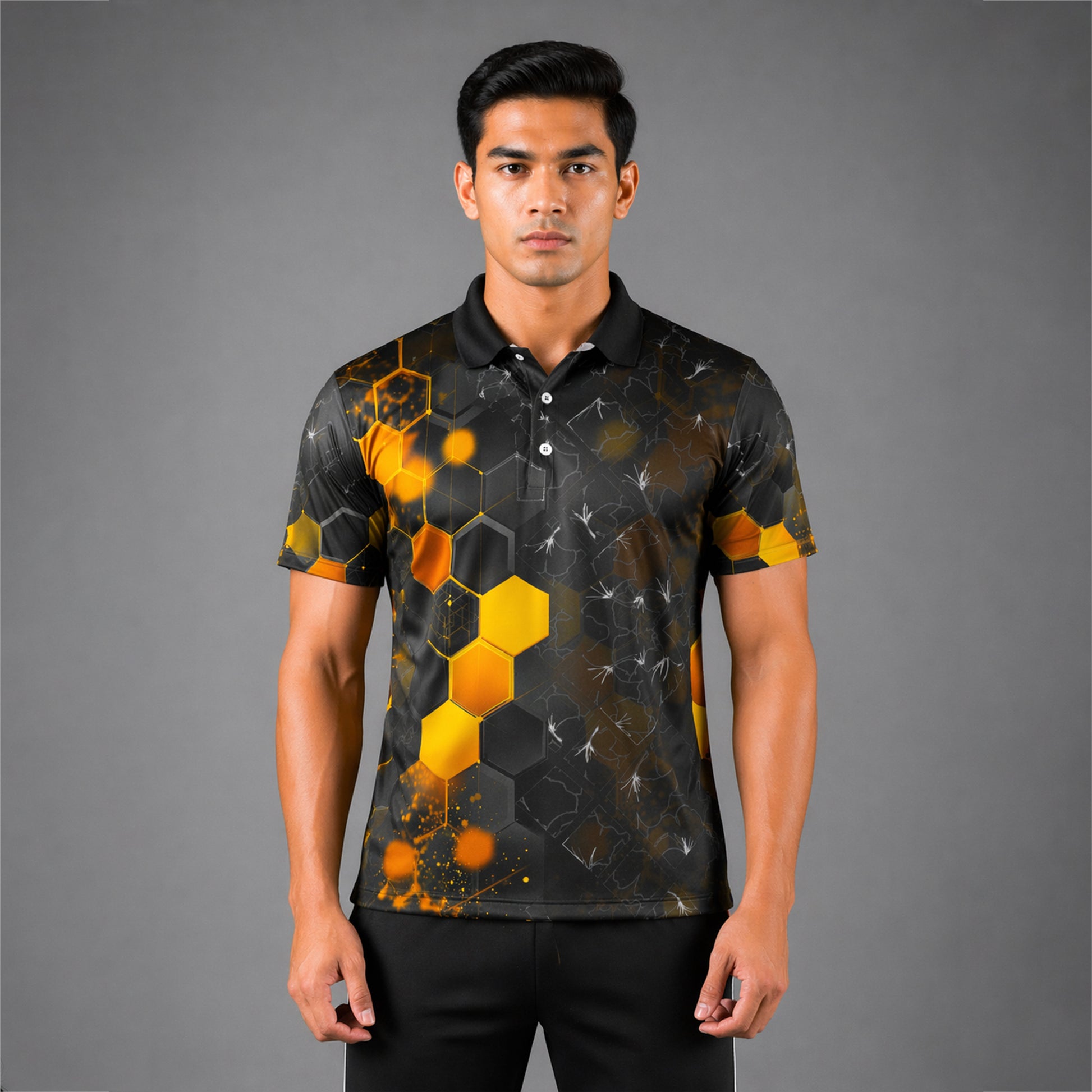NEXFIT Black Yellow Sports Jersey NEX-9050 Premium Hexagon Tech Design Dry Fit Polyester Polo T-Shirt for Men - View 2